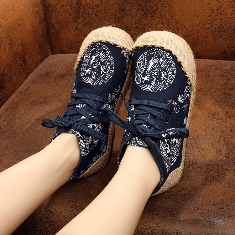 Round Toe Shoes Woman Flats Casual Female Sneakers Dress New Lace-Up Embroider Leisure Fabric Ethnic Basic Solid Floral Fretwork