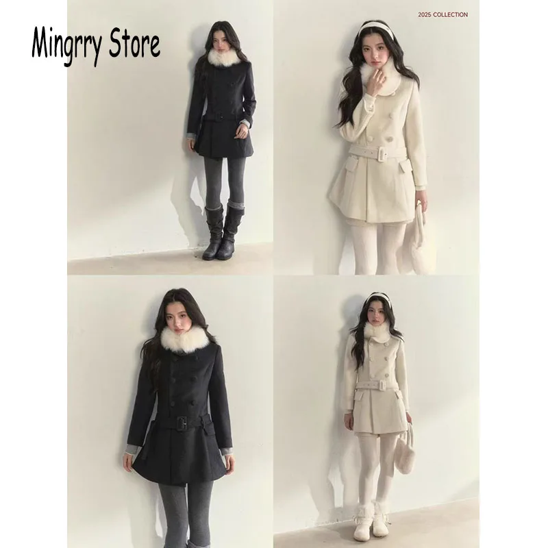 الفرنسية الحلو كلية نمط معطف الصوف المرأة مزدوجة الصدر ضئيلة منتصف طول معطف 2025 الشتاء الكشمير سترة دافئة ملابس خارجية معطف #2