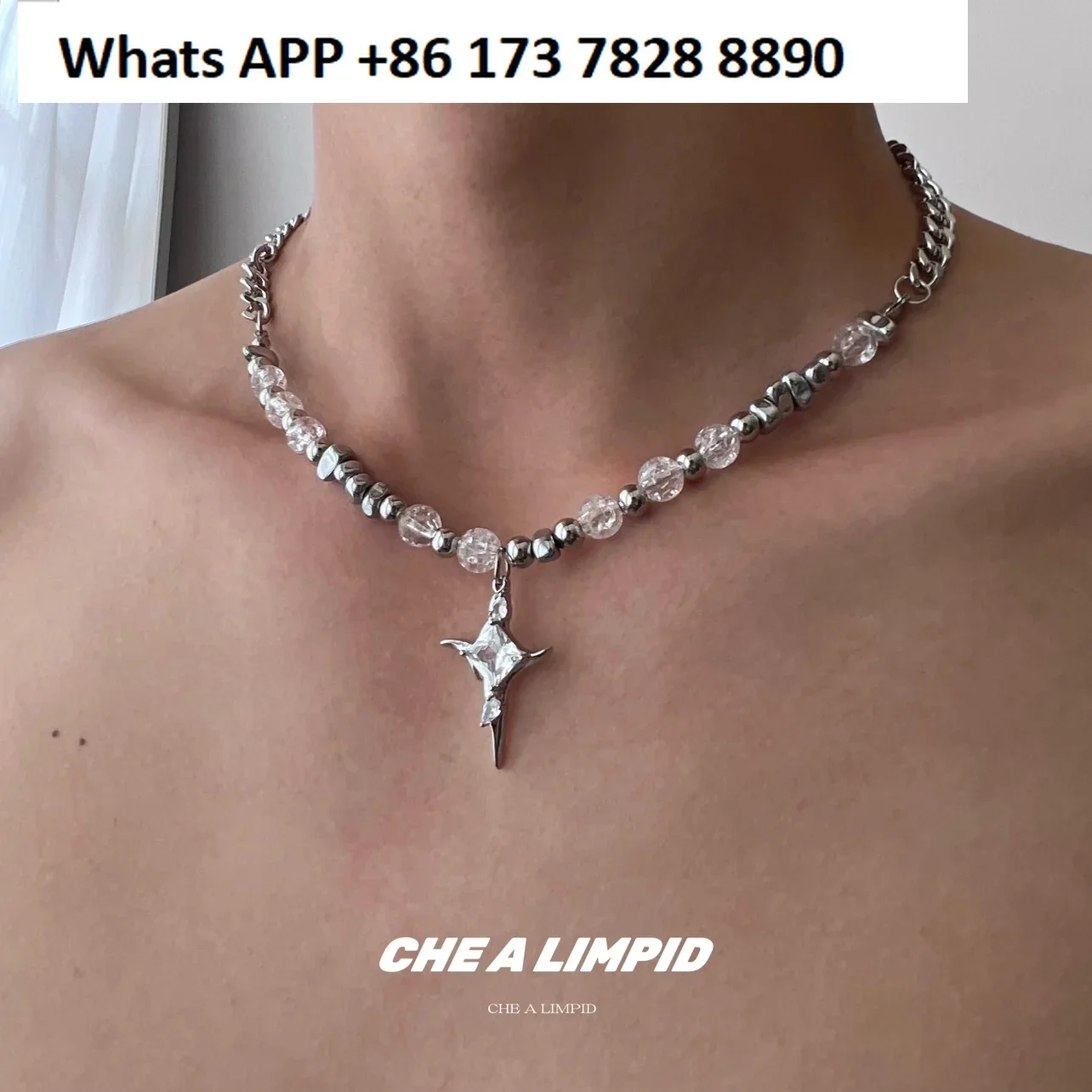 CHEALIMPID/. Star Dart X Ice Crack Pearl Irregular Metal Stone Titanium Steel Necklace