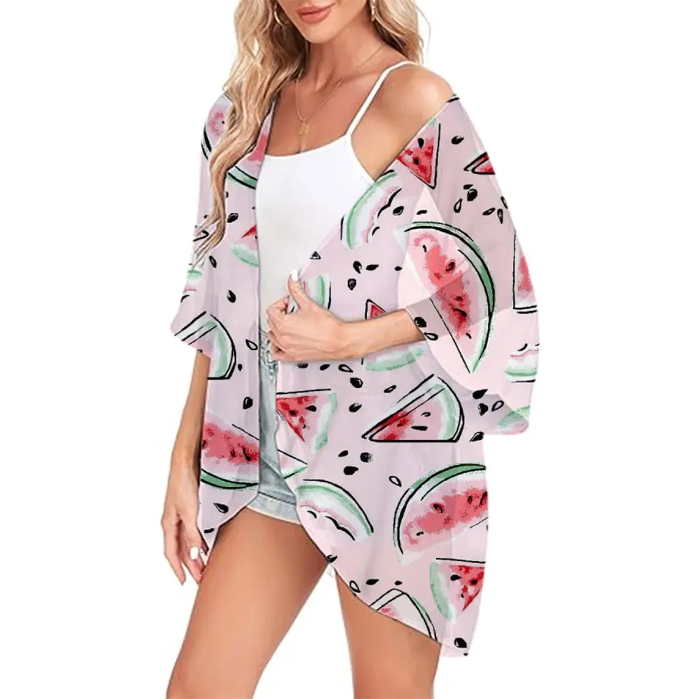 Trendy Women's Chiffon Kimono Loose Casual Open Front Cover Ups 3D Watermelon Printed Kimono Summer Swimwear Bikini Coat 2024