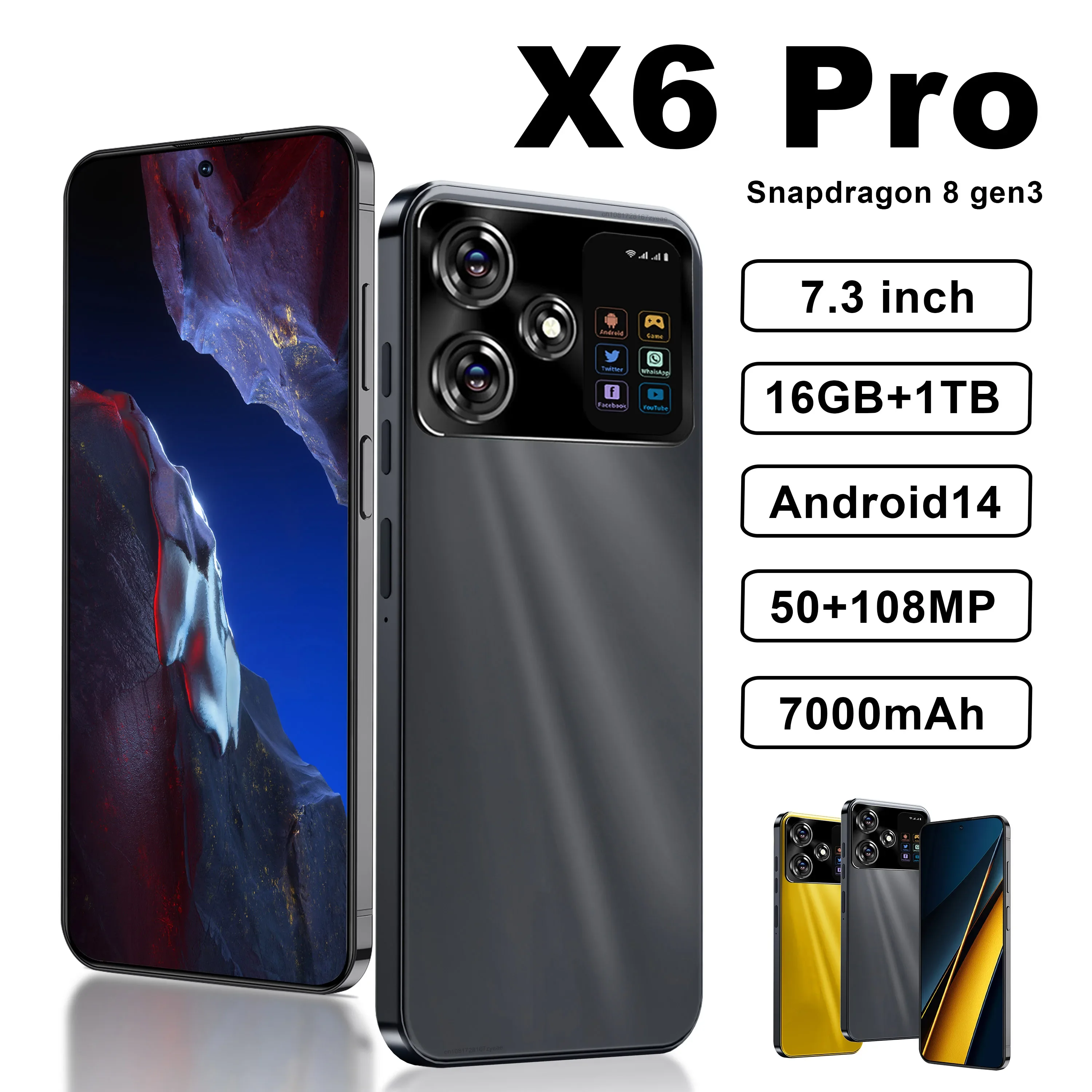 

Original X6 Pro Smartphone 7.3inch Global Version 16G+1TB Snapdragon 8 gen3 Android14 50+108MP 4G/5G Cellphone Mobile Phone NFC