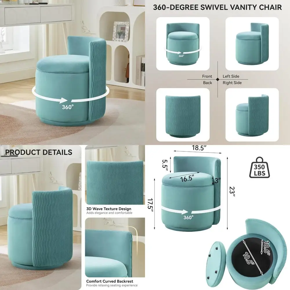 360 ° كرسي مكياج مخملي دوار مع مساحة تخزين، تصميم مموج خلفي، لا يتطلب تجميع، مثالي لغرفة النوم أو غرفة الملابس #1