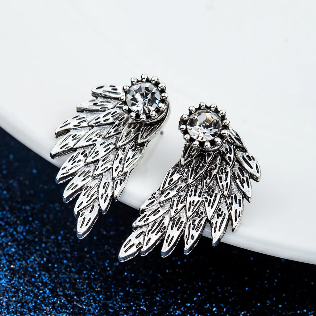 Retro Metal Angel Wings Back Hang Post Stud Earrings For Women Trendy Statement Wedding Crystal Jewelry