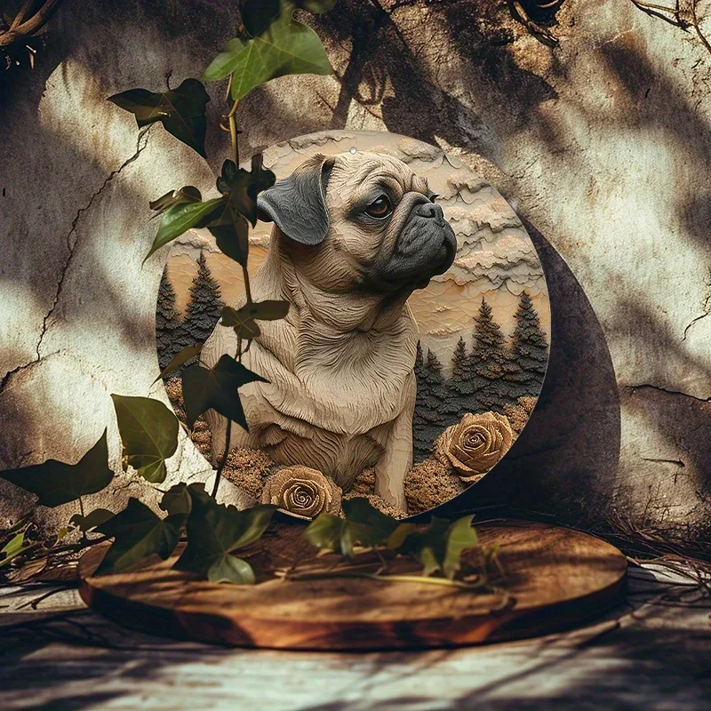 8x8inch Round Aluminum Sign Pug Sign Relief Visual Effects Sign For Garden Kitchen home decoration accessories farmhouse decor