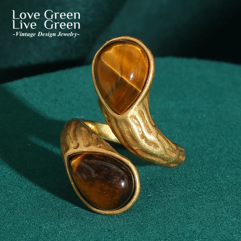 

Vintage Jewellery Water Drop Tiger Eye Stone Rings Natural Adjustable Woman Antique Luxury Gold Color Retro Accessories For Girl