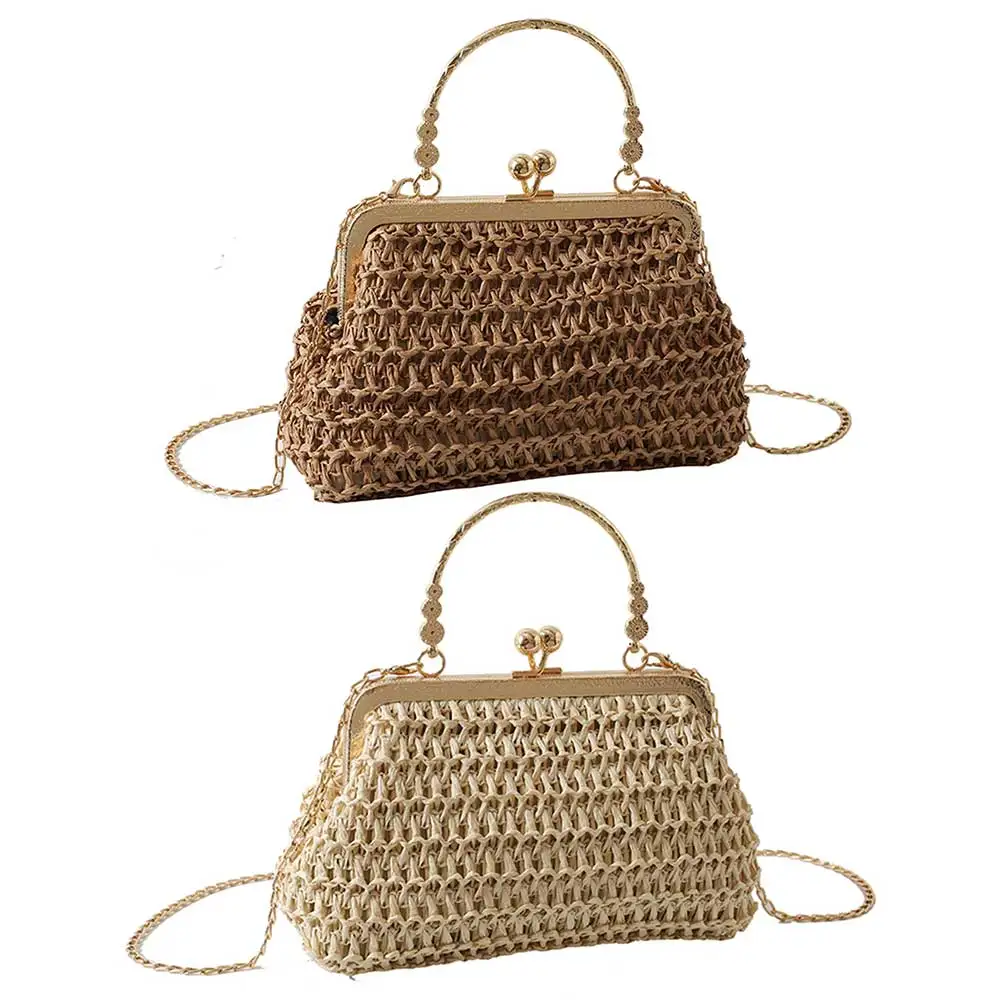 Dinner Party Chain Grass Woven Bag Summer Woven Tote Bag Simple Texture Handmade Casual Elegant Fashion Portable Evening Bag