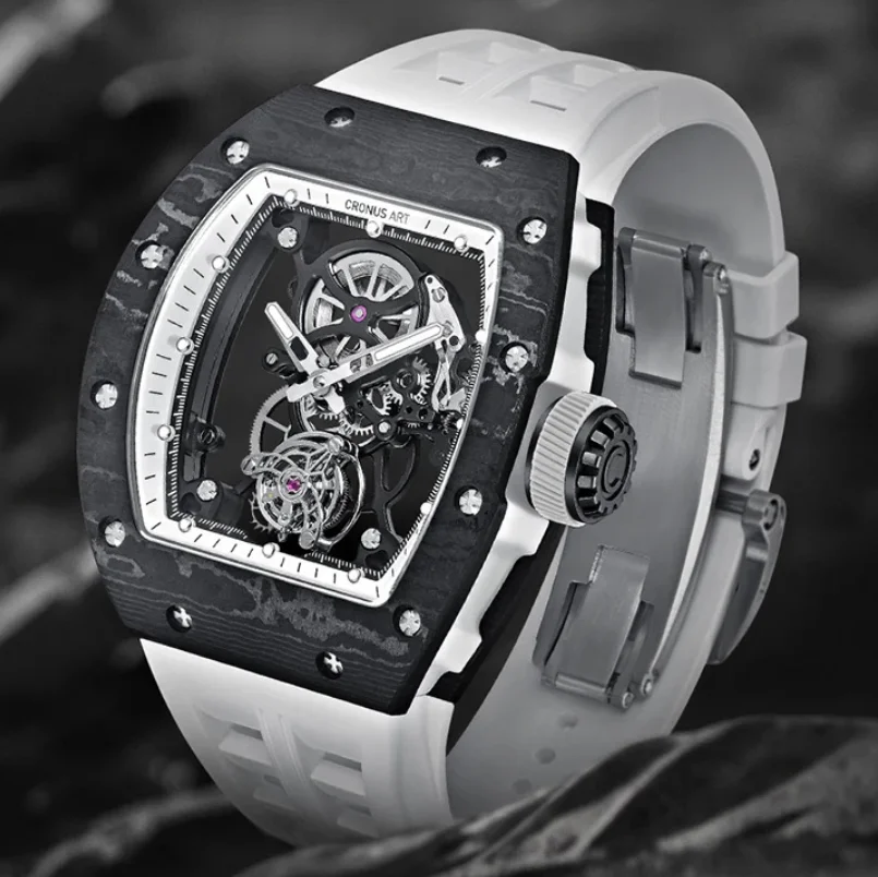 

CRONUSART Men Tourbillon Watch Tonneau Manual Winding Mechanical Wristwatch Carbon Fiber Case Sapphire Luminous Skeleton Dial