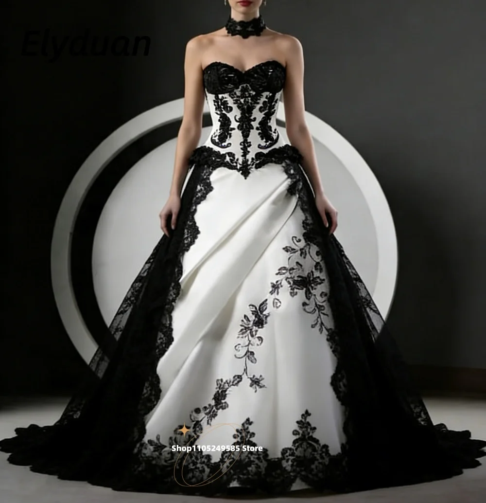 Schwarz-weiße Gothic-Hochzeitskleider, Spitzenapplikationen, Vintage-Brautkleider, Schnürung am Rücken, Übergröße, Vestidos De Novia, individuell gestaltet