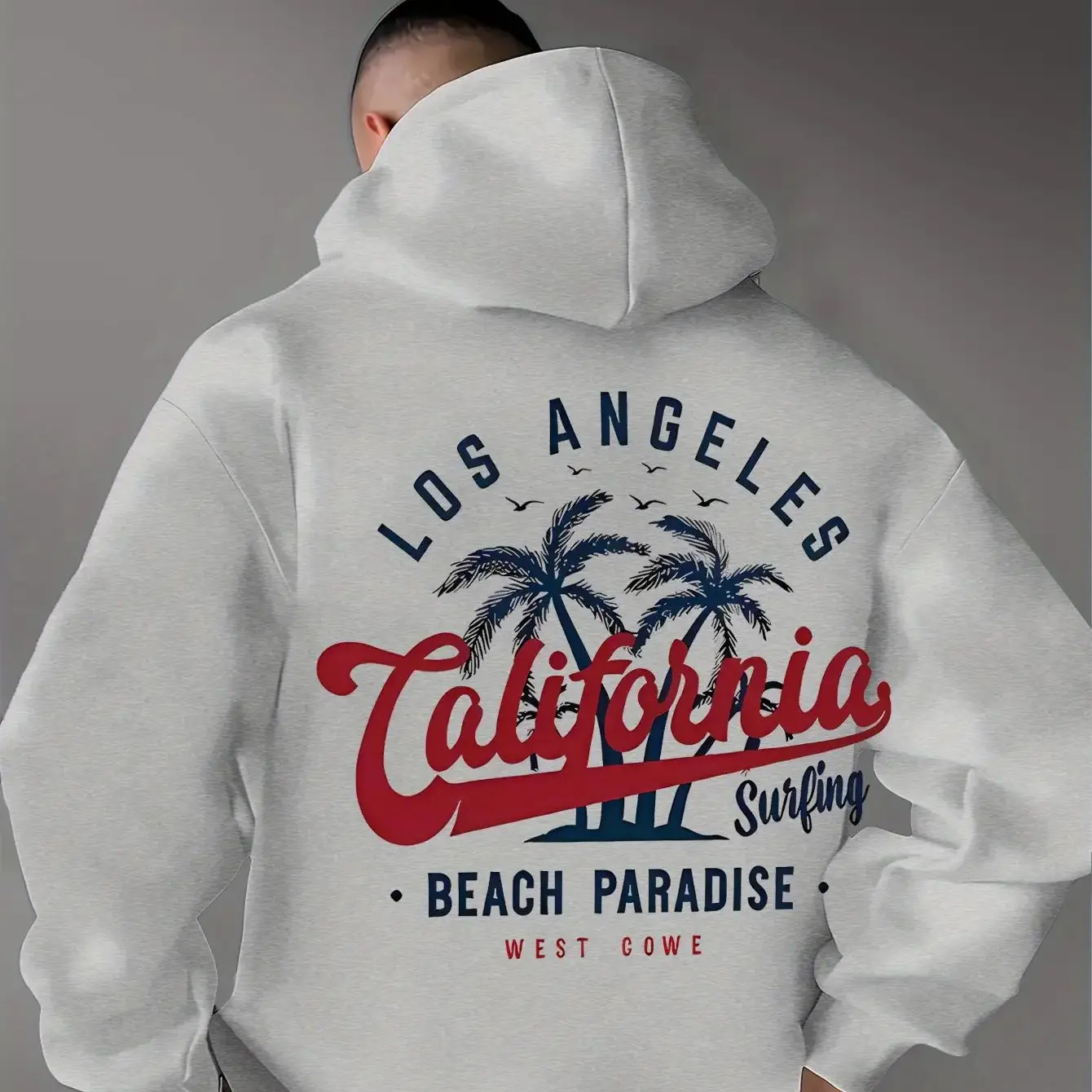 Übergroßer Herren-Hoodie Vintage Retro Los Angeles Kalifornien Kursivschrift Palme Surf Grafik Weicher Fleece Lässiger Pullover – Detail 4