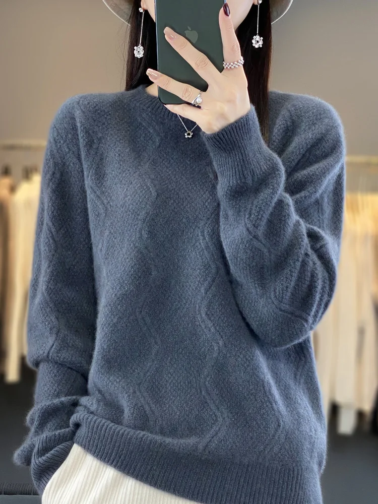 

Spring Autumn 100% Merino Wool Women Sweater O-Neck Long Sleeved Stripe Wave Solid Color Pullover Soft Higt-Quality Clothing