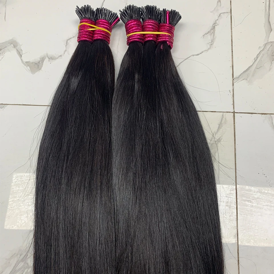 Straight I Tip Hair Extensions Natural Real Human Fusion Hair Extensions 50pcs/ Set Keratin Capsule 1B Natural Color 30 Inch