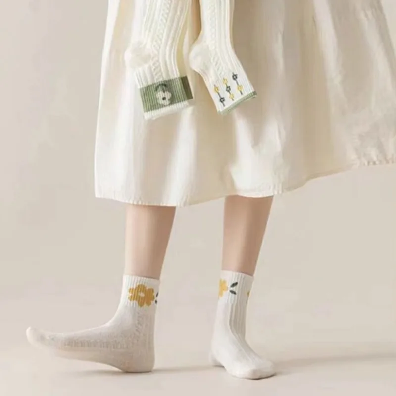 Женские короткие носки с цветочным узором из хлопковой смеси, в стиле Kawaii JK, винтажные, с цветочным узором, вязаные, дышащие, милые, повседневные, укороченные носки