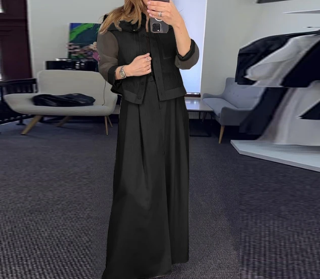 Solid Color Mesh Vest Patchwork Jacket Casual High Waisted Wide Leg Long Pants Set Women's New Fashionable Three Piece Set