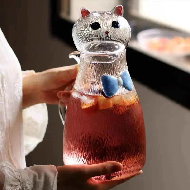 Cat Hammer Patterned Cooling Water Bottle,Glass High Temperature Resistant Large Capacity Tea Pot,Restaurant Coffee Pot Pitchers