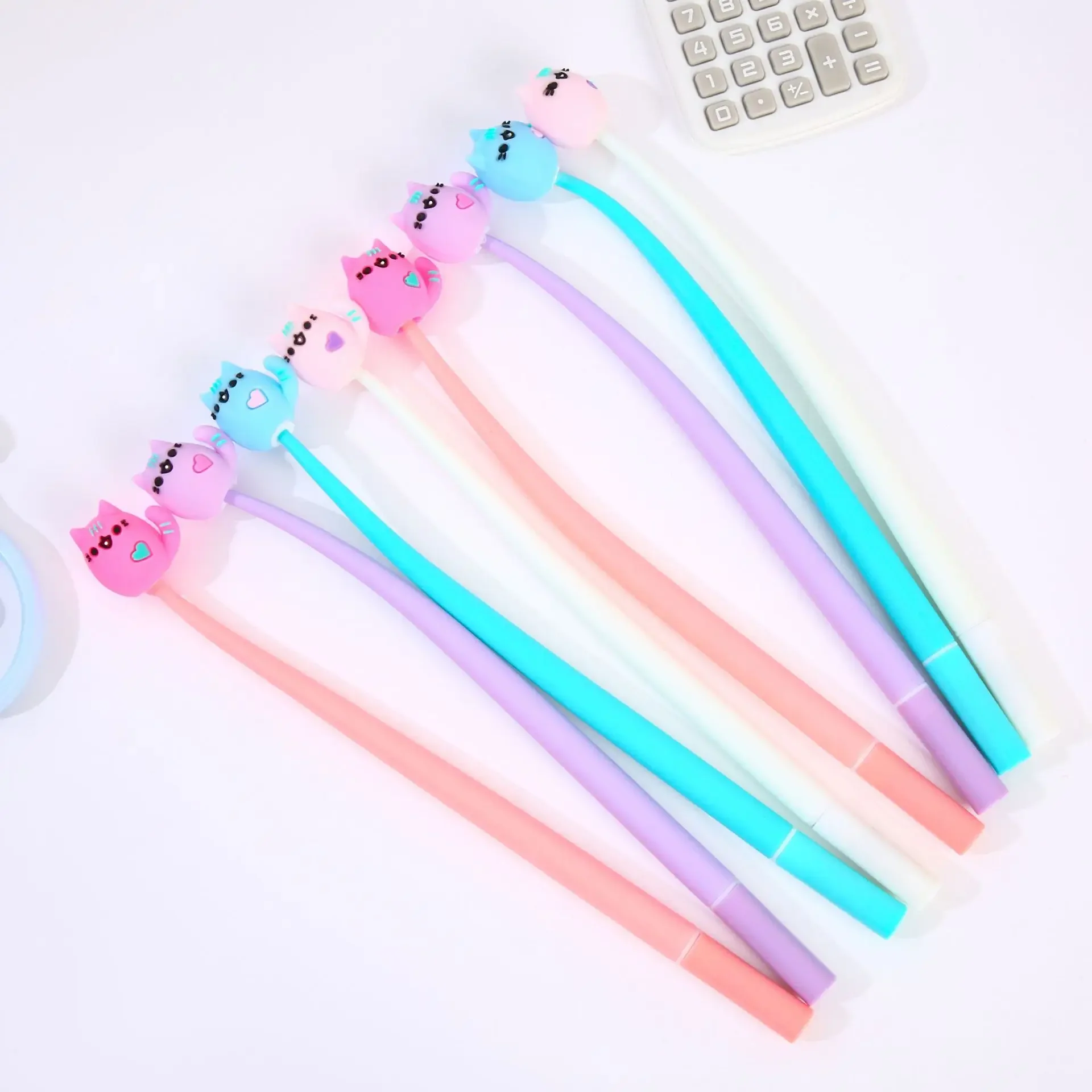 12Pcs Wholesale New cartoon cat silicone gender-neutral pen, rocker cute stationery for primary school students