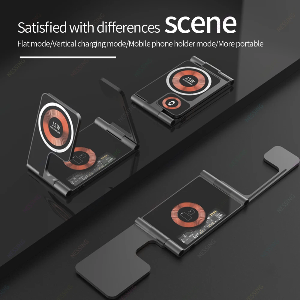 Foldable Transparent Magnetic Qi Wireless Charger Stand For Apple Watch 8 iPhone 14 13 12 Pro AirPods 15W Fast Wireless Charging