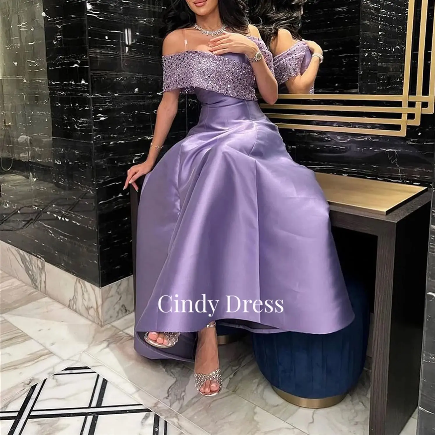 Purple Satin Sequin Off Shoulder A-Line Saudi Party Dress Women Elegant Luxury Dress Customized Woman Gala Guest Wedding Women\'s