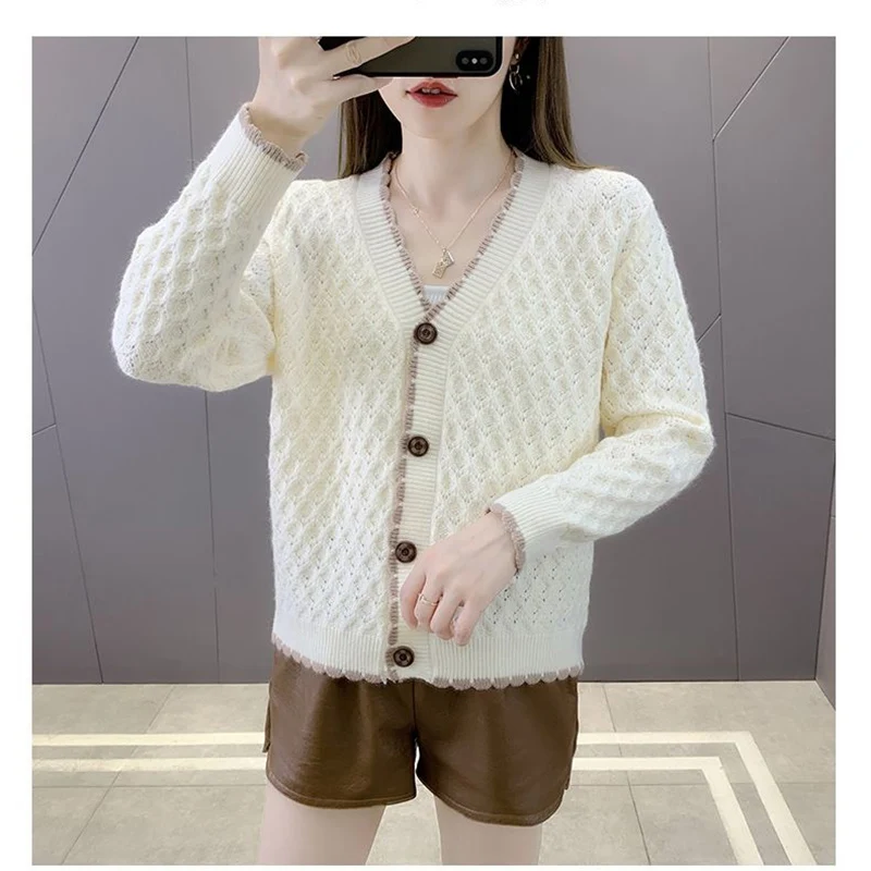 Fashion V-Neck Button Solid Color Cardigan Sweaters Female Clothing 2023 Autumn Loose All-match Knitted Commuter Tops