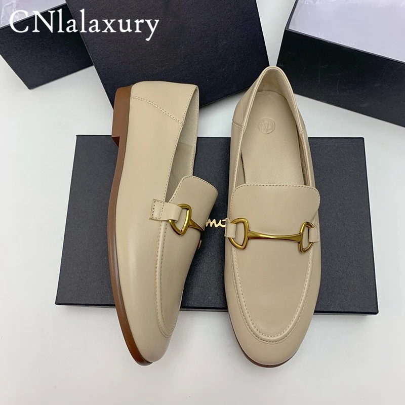 High-quality Genuine Leather Flats Shoes Woman Loafers Fashion Autumn Single Shoe Slip-on Beige Lazy Loafers Chaussure Femme