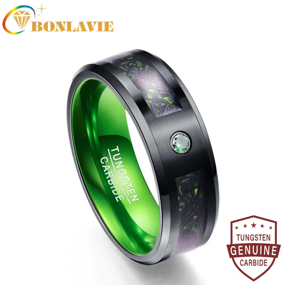 8MM Wide Green Carbon Fiber Tungsten Carbide Rings for Woman Men Party Wedding Ring US Size 6-15 Free Shipping