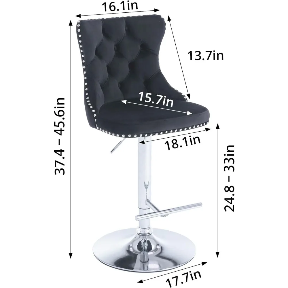 مجموعة مقاعد بار دوارة مكونة من 2، مقاعد بارتفاع منضدة مخملية قابلة للتعديل مع ظهر مرتفع ورؤوس أظافر، قضيب منجد حديث C