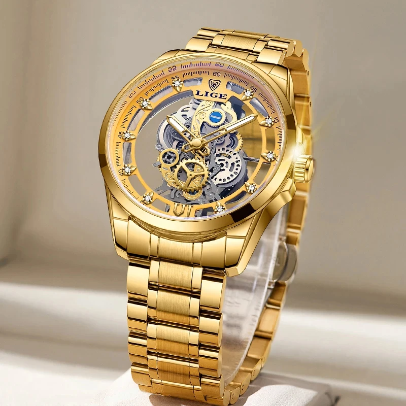 2024 LIGE Skeleton Gold Men Quartz Watches  Top Brand Skeleton Luxury Vintage Man Watch Mens Watches Waterproof Watch For Men