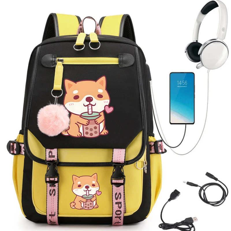 Cão Corgi com Bolha Chá Boba Schoolbag para Meninas Adolescentes, Mochila Escolar Dos Desenhos Animados, Mochila De Volta Para A Escola, Kawaii