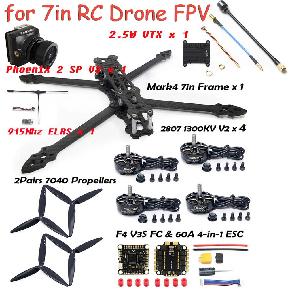 MARK4 7inch Carbon Fiber Frame 2807 1300KV Brushless Motor F4 V3S FC 60A ESC 7040 propeller Combo for FPV 7