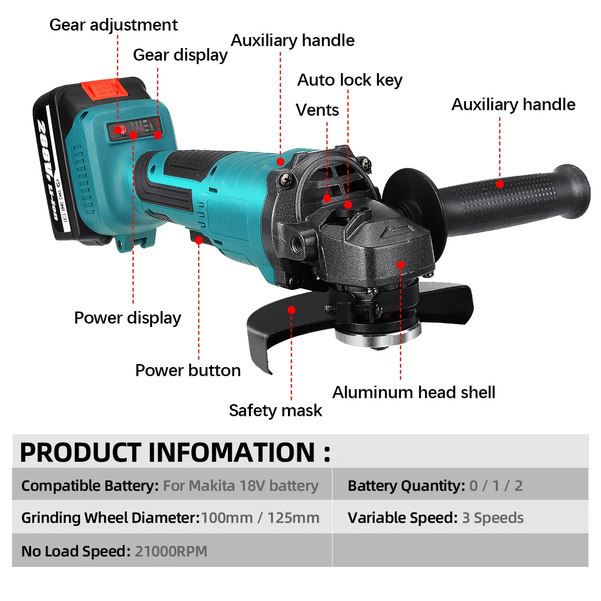 Drillpro 125mm Brushless Angle Grinder Angle Grinder Accessories Woodworking Cutting  Power Tool For 18V Battery