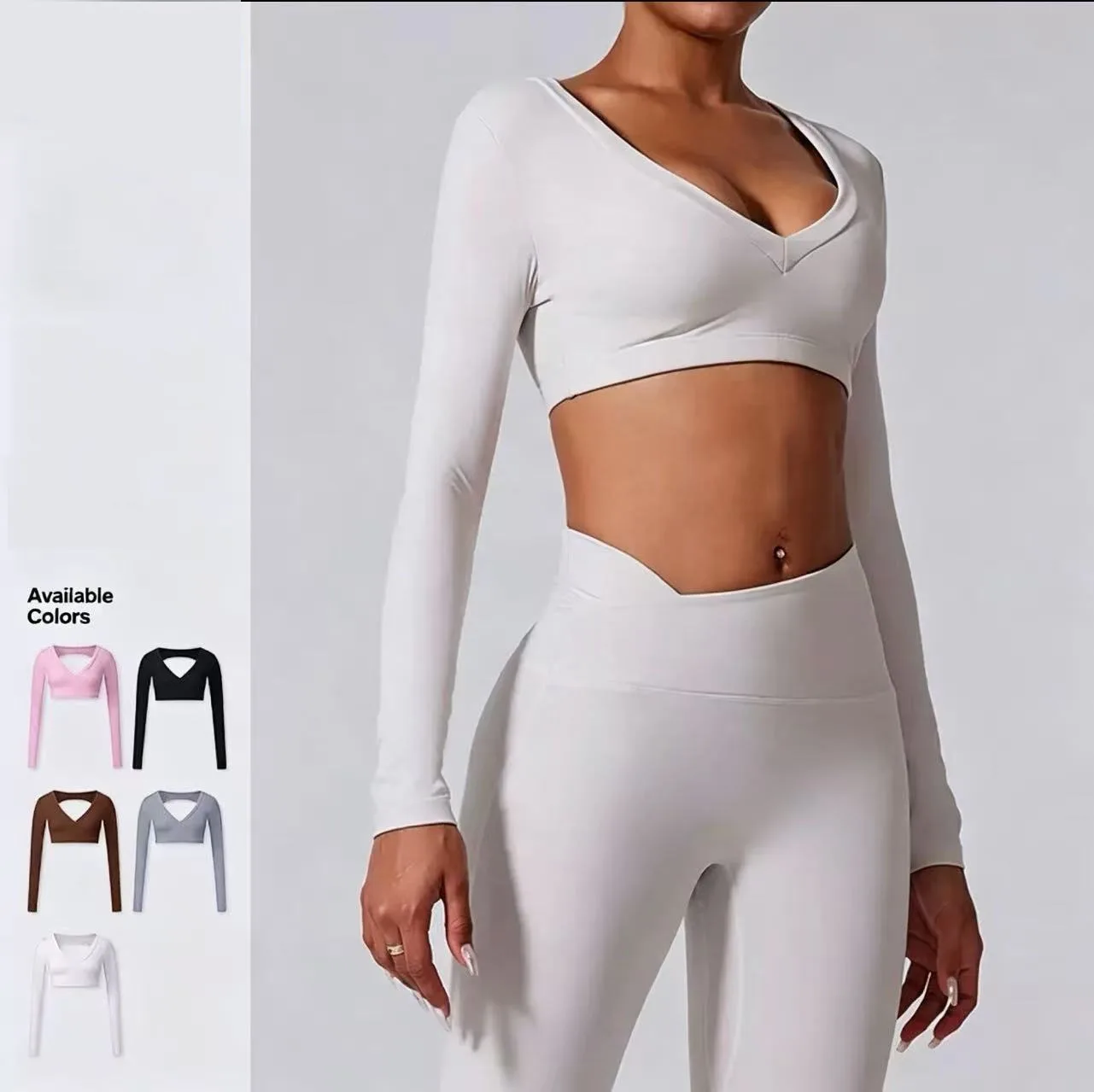 Sports Long Sleeve Yoga Shirts Sexy Deep V-Neck Shaping Tops Back Hollow Short Fitness T-Shirt Outfit Gym Running Workout Tops