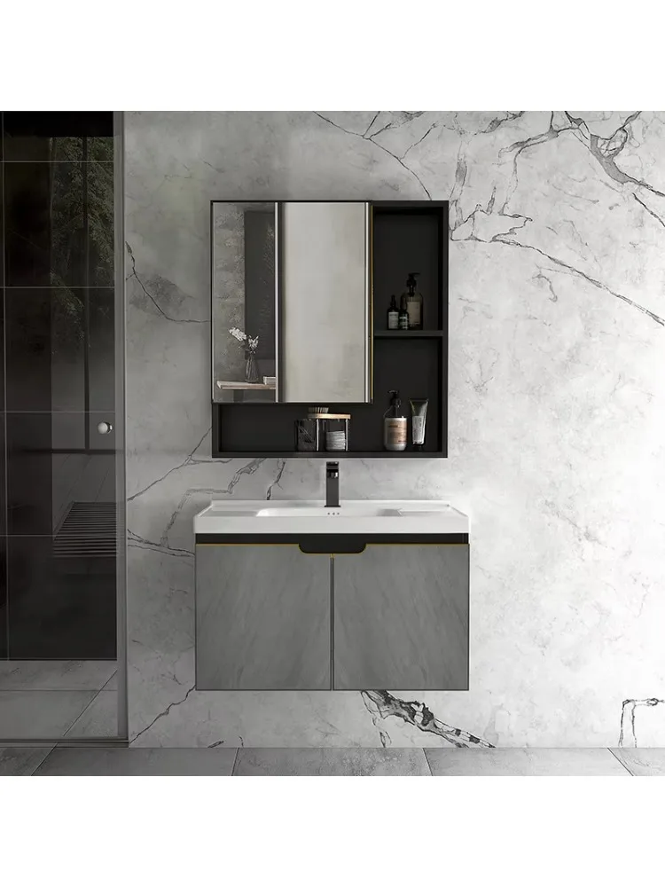 Wall-mounted mirror cabinet, ceramic handmade wash basin, rock slab sink, wall-mounted bathroom vanity