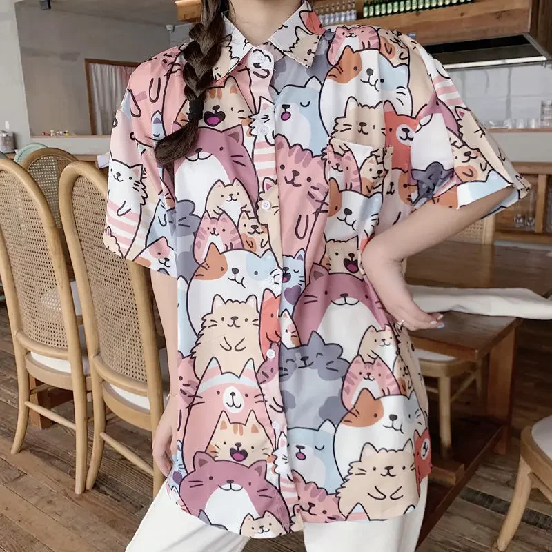 TPJB New Kawaii Button Up Shirt Animal Cat Print Blouse Women Japan Style Summer Hawaii Graphic Cardigan Casual Cute Tops