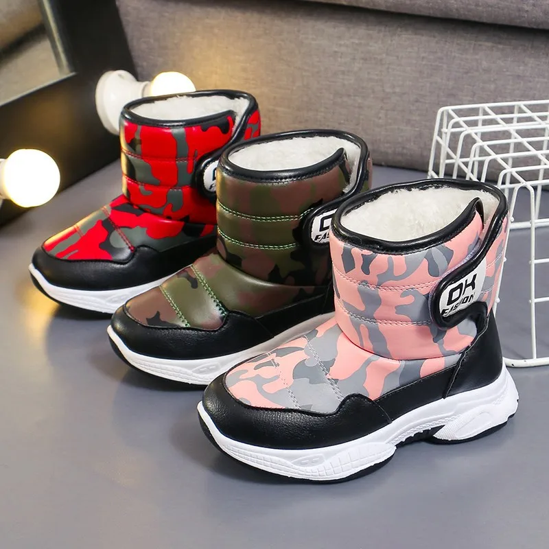 Winter Boots Leather Waterproof Snow Boots for Girls Plush Warm Children Shoes Boy Thick Sole Non-slip Sneaker Outdoor Fur Shoes