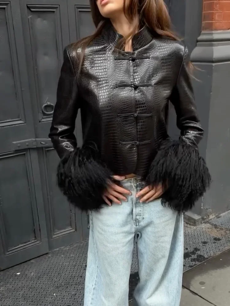 Black Women Faux Leather Jacket Stand Collar Frog Buttons Fluffy Fur Cuff Long Sleeve Cropped Coat Lady Y2k Streetwear Outerwear