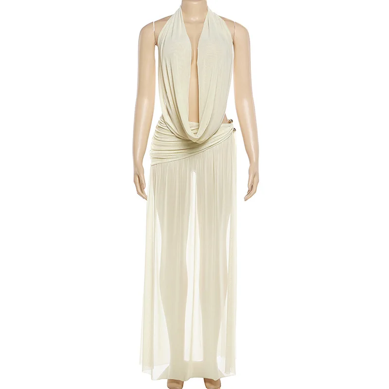 Women Sexy Club Party 2 Piece Set Swinging Collar Lace Up Halter Backless Tank Tops + Ruched Split Maxi Skirts Vacation Suits view 3