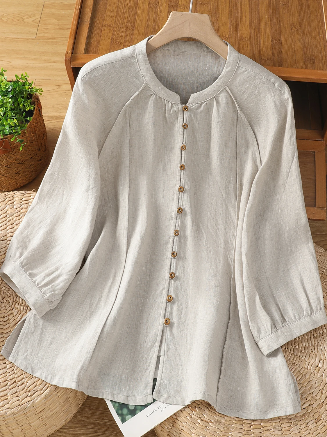 Retro Linen Cotton Casual Loose Fit irt Women's Faionable Autumn Top Seven-Quarter Sve Stand Collar Breathable Comfort...