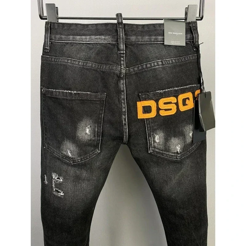 Hot Black Zipper Streetwear Men ICON Jeans Elastic Destroyed Ripped Denim Trousers Painted Spliced Designer Hip Hop Punk DSQ2 Pa