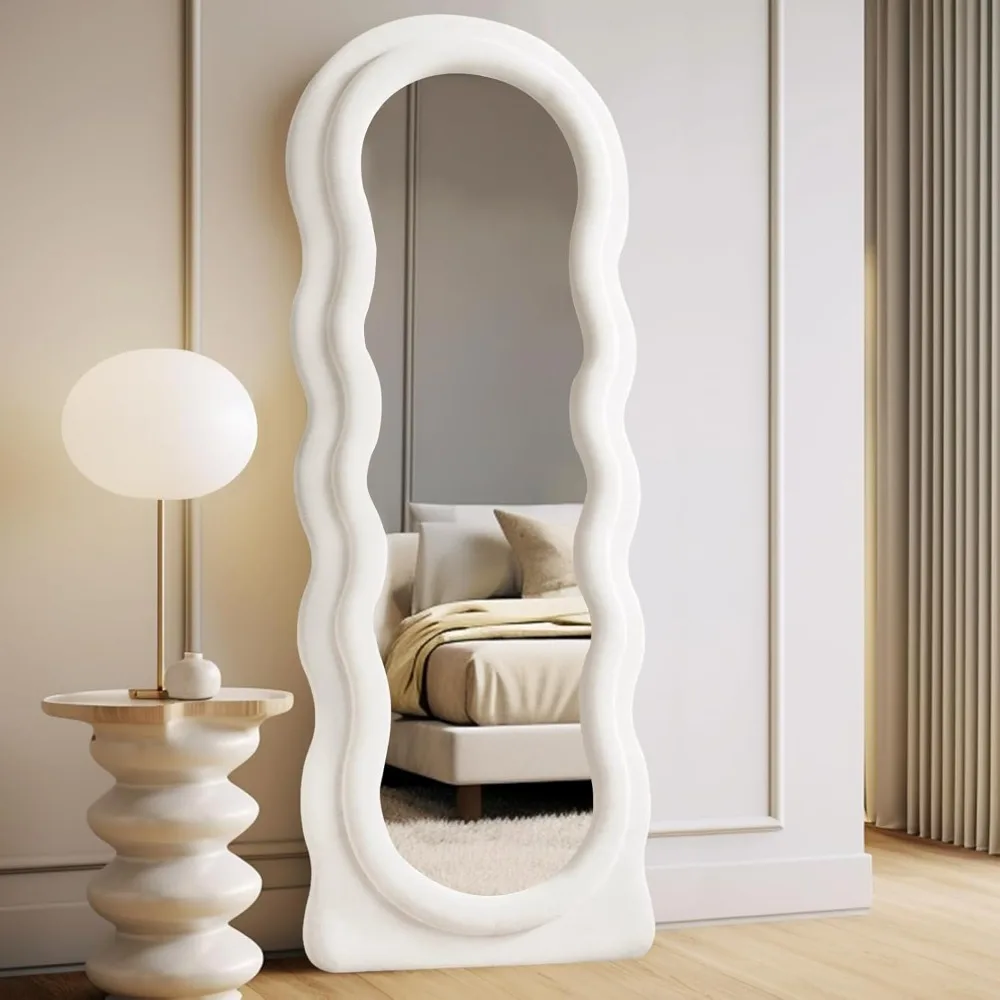 

Full Length Mirror 63"x24" Arched Wavy Full Body Wall Mounted Floor Mirror with Stand Ivory Flannel Frame Leaning Hanging Wall M