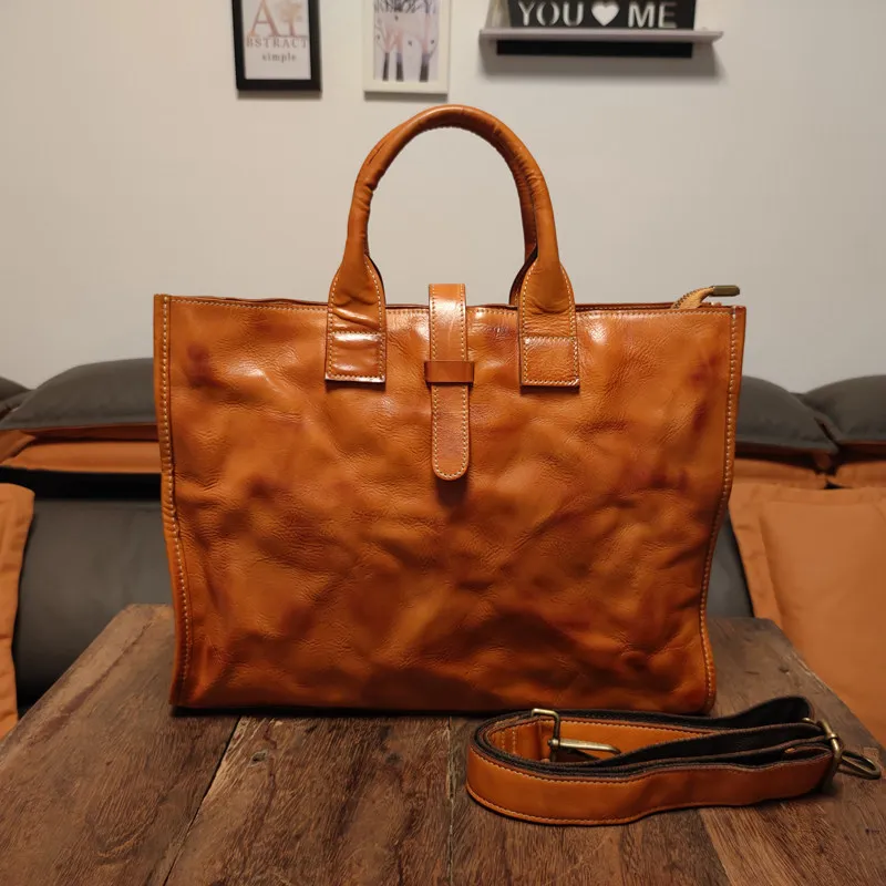 Vegetable tanned leather portable real cowhide briefcase retro large-capacity messenger bag