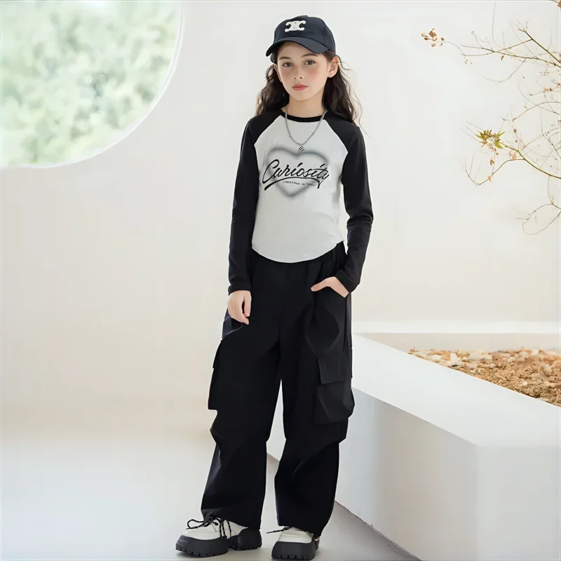 Girls Clothing Set Autumn Long Sleeve T-shirt Cargo Pants Two Pieces Teenage Kids Outfits Multi-Pocket Design Children Costumes