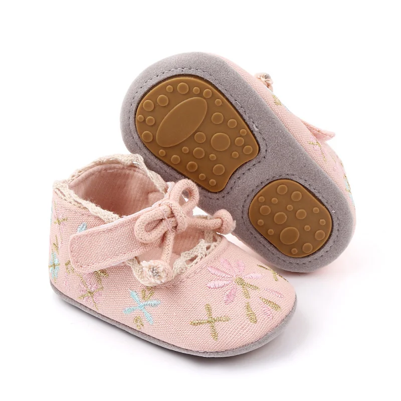 2025 New Design Spring Butterfly Embroidered Baby Girls Princess Shoes For 0-18M Soft Rubber Sole Anti-Slip Toddler Shoes D2218