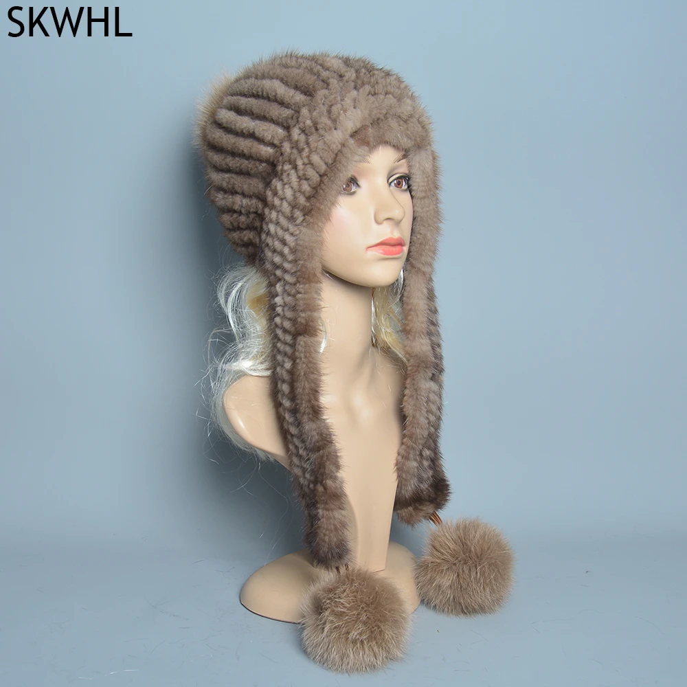 2024 New Luxury Women Natural Real Mink Fur Knitted Bomber Hats For Lady Winter Warm Ear Protector Hat With Scarf