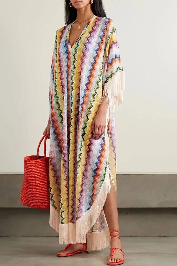 

Bohemian Wave Print Long Dresses Women Fashion Casual Vacation Style Irregular V-Neck Loose Dress Tassel Patchwork Beach Vestido