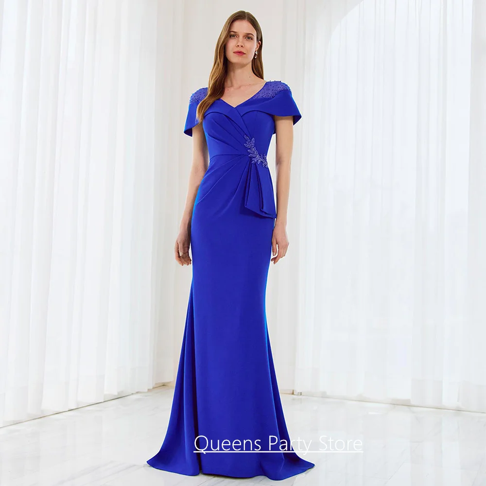 Customized Mother of The Bride Dress Fashion V Neck Beading Pleat Sweep Train Mermaid Prom Dresses Blue Party Gown
