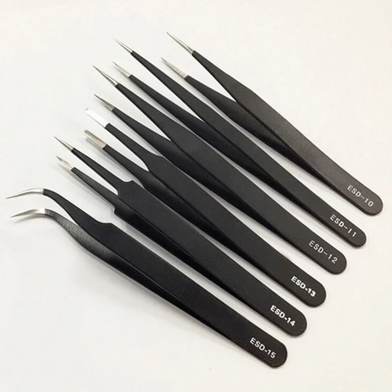 6Pcs pinzette antistatiche in acciaio inossidabile ESD strumenti di manutenzione strumenti di riparazione pinzas electrónica pince a epiler