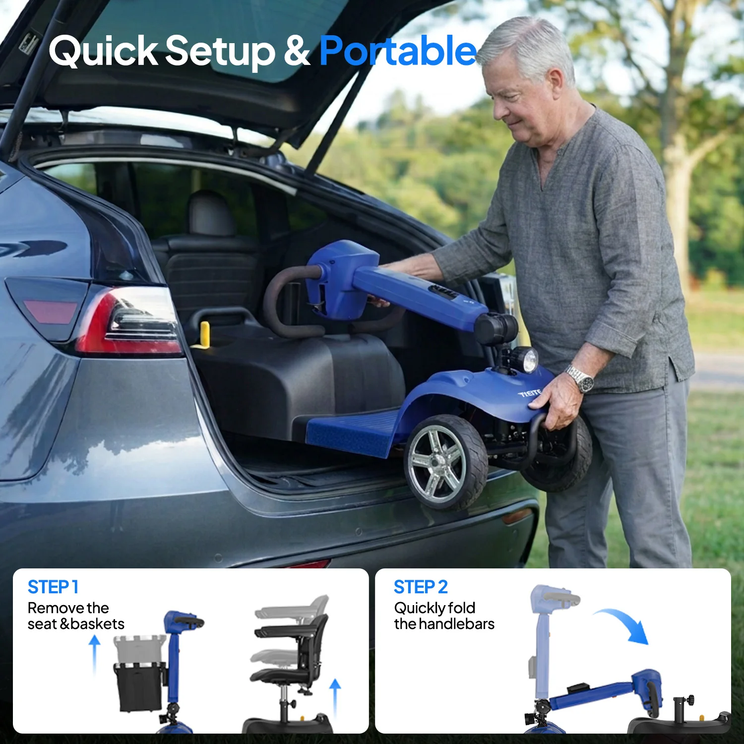 250W 4-Wheel Electric Mobility Scooter for Seniors & Adults, Lightweight Folding Power Scooter (88LBS), All-Terrain Anti-Tip Wheels, 12-Mile Range, 360° Swivel Seat, Portable Travel Scooter for Car Trunk