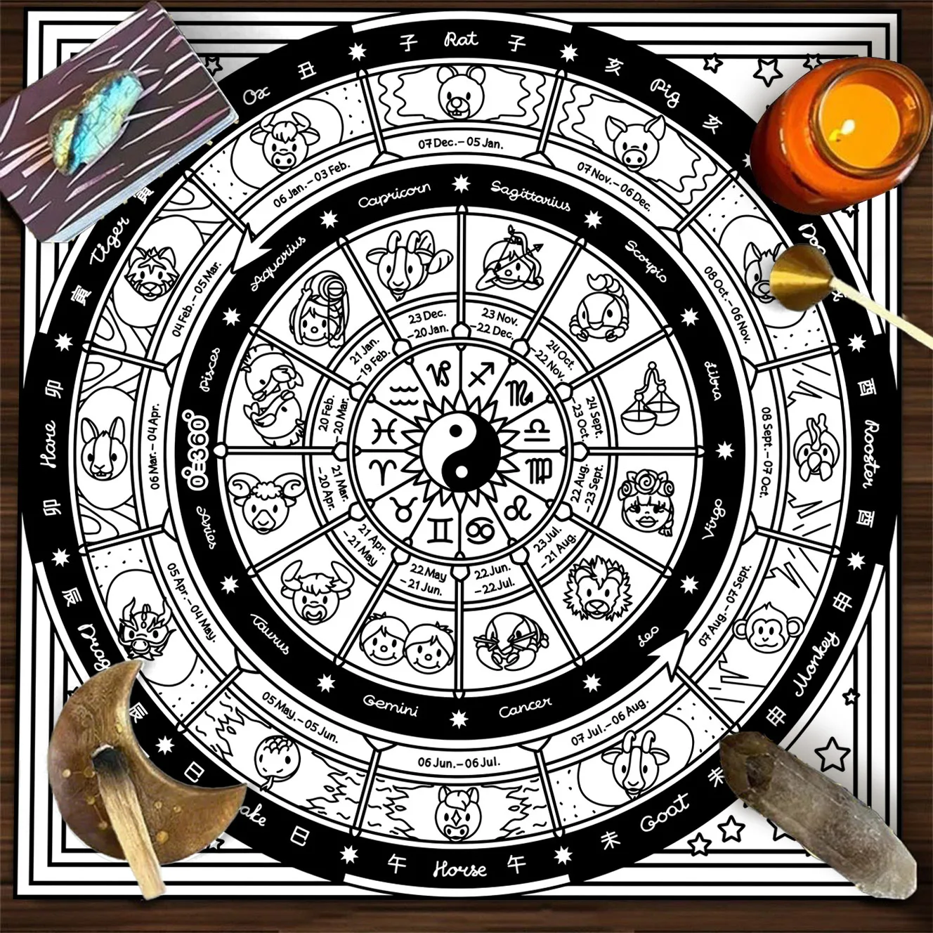 black white sun face zodiac wheel tarot card tablecloth vintage tattoo astrology divination altar cloth mystical mat