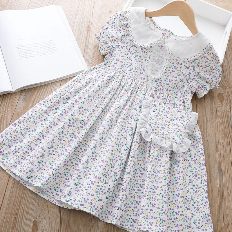 Summer Girl's Floral Princess Dress + Bag Little Girl Toddler Cute Doll Collar Dress Children's Casual Birthday Party Clothing