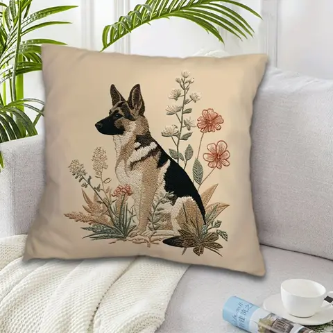 Vintage Dog Art German Shepherd Botanical Floral Illustration Pillowcase Cushion Cover Romantic Nature Lover Gift Home Decor Bed