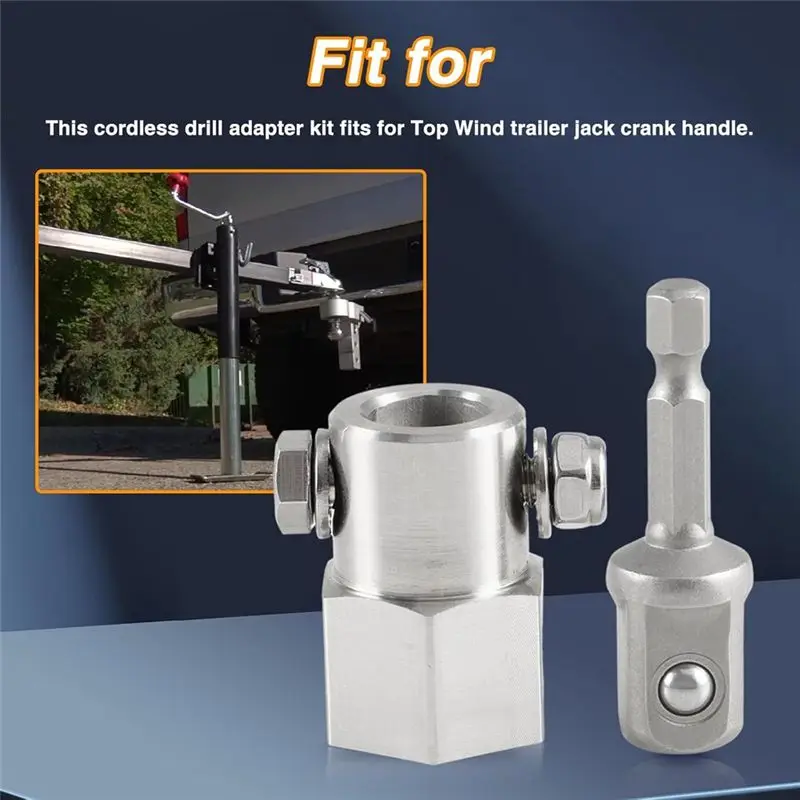 DT19-Stainless Steel Top Wind Trailer Jack Crank Handle Cordless Drill Adapter With A 1/2 Inch Socket Adapter Bit